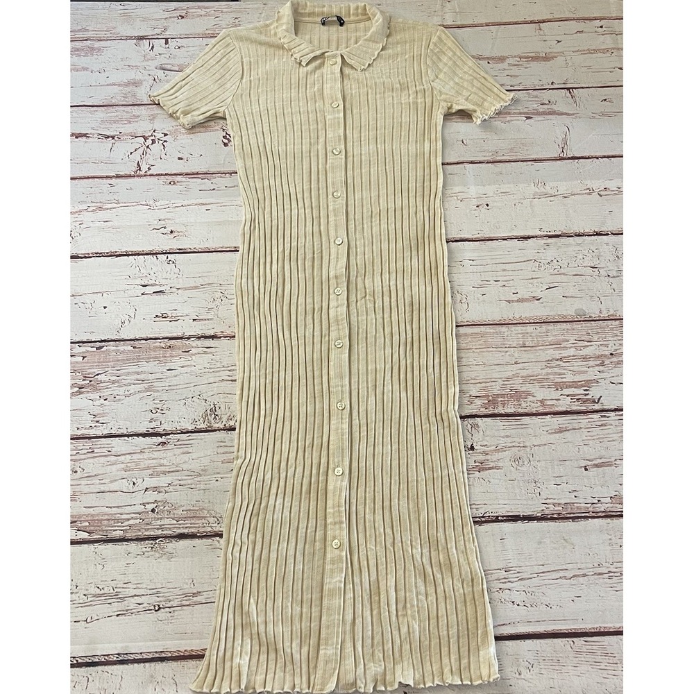 Zara Womens Short Sleeve Ribbed Bodycon Maxi Dress Minimalist Tan Size Large‎